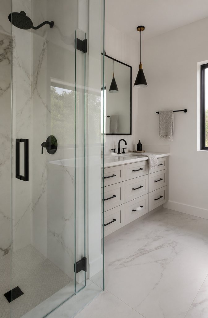 Black faucet and mirror frame beside a white marble vanity and shower
