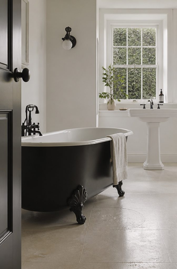 Freestanding black bathtub against white bathroom walls and tile