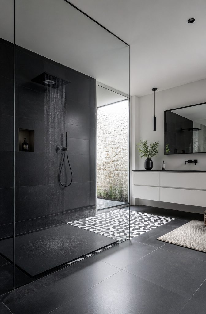 Black tiled shower with frameless glass and black and white floor tiles