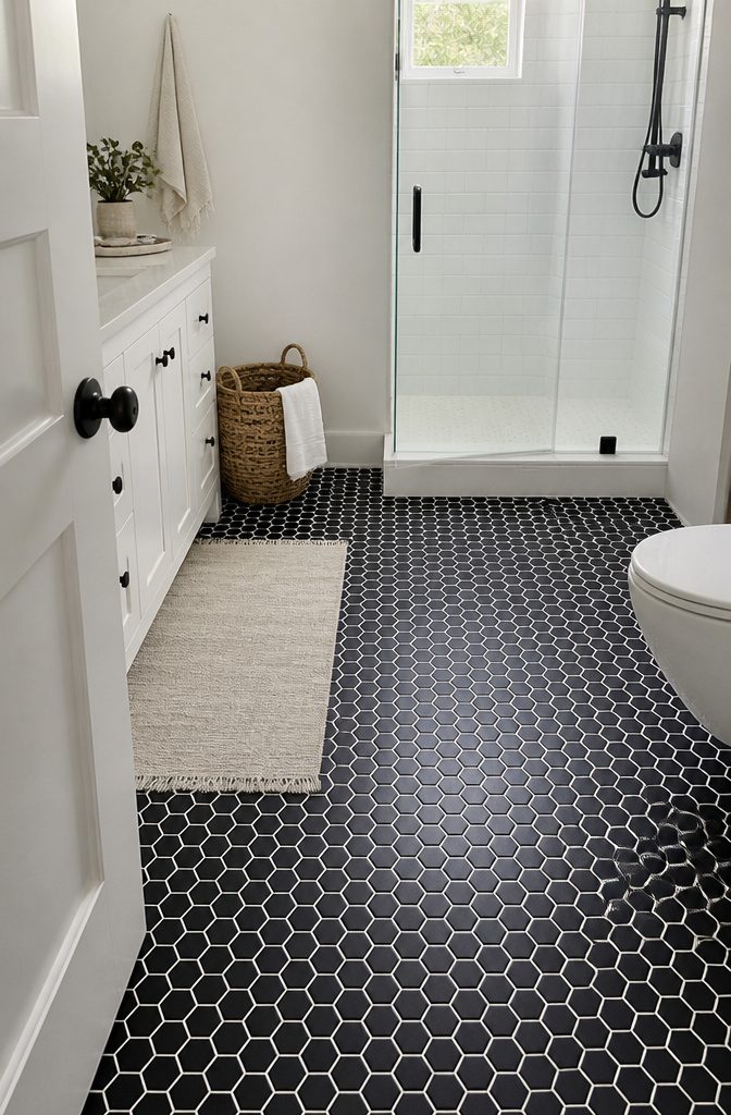Black hexagon floor tiles with white grout beside a white vanity