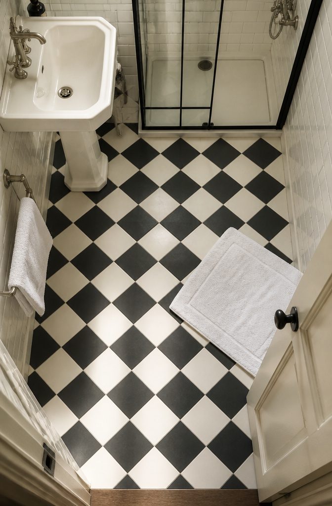 Black and white checkerboard floor leading toward a white bathroom vanity