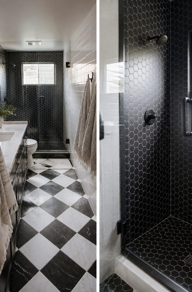 Glossy white shower tiles beside black hexagon floor and wall tiles