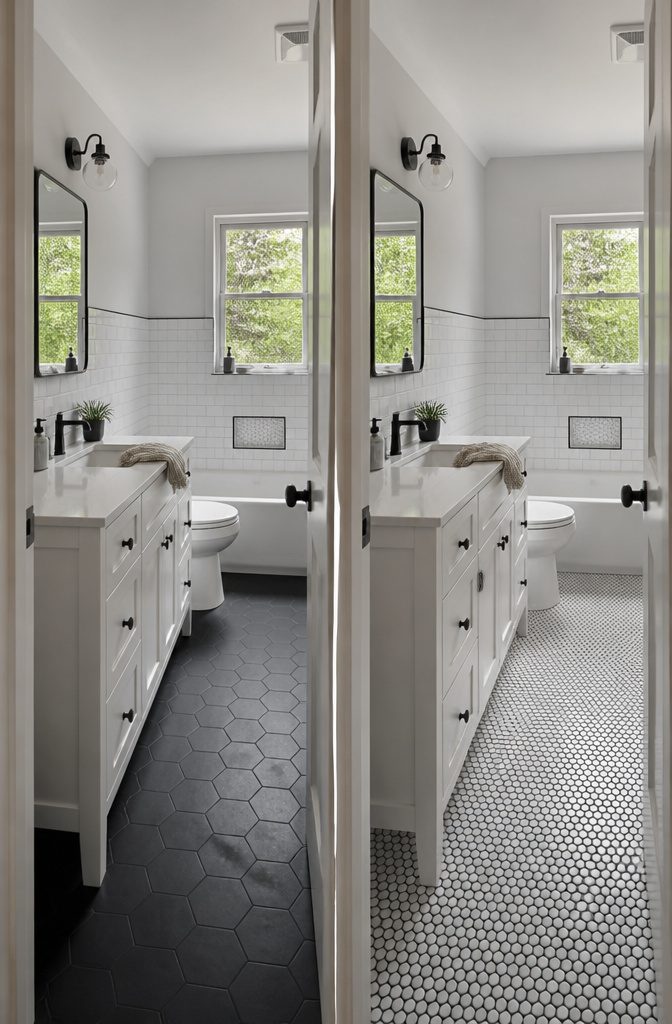 Dark bathroom floor beneath light walls and a white ceiling