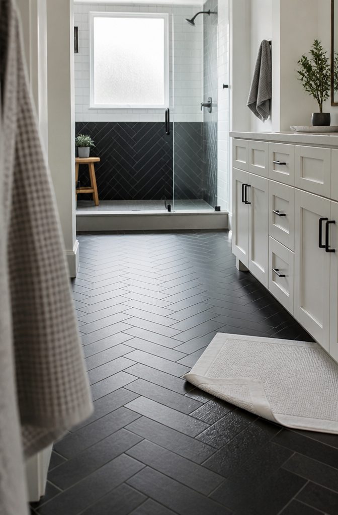 Charcoal porcelain floor tiles in a herringbone pattern beside a glass shower