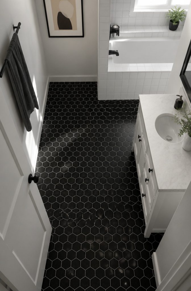 Black hexagon tiles on a bathroom floor beside white fixtures