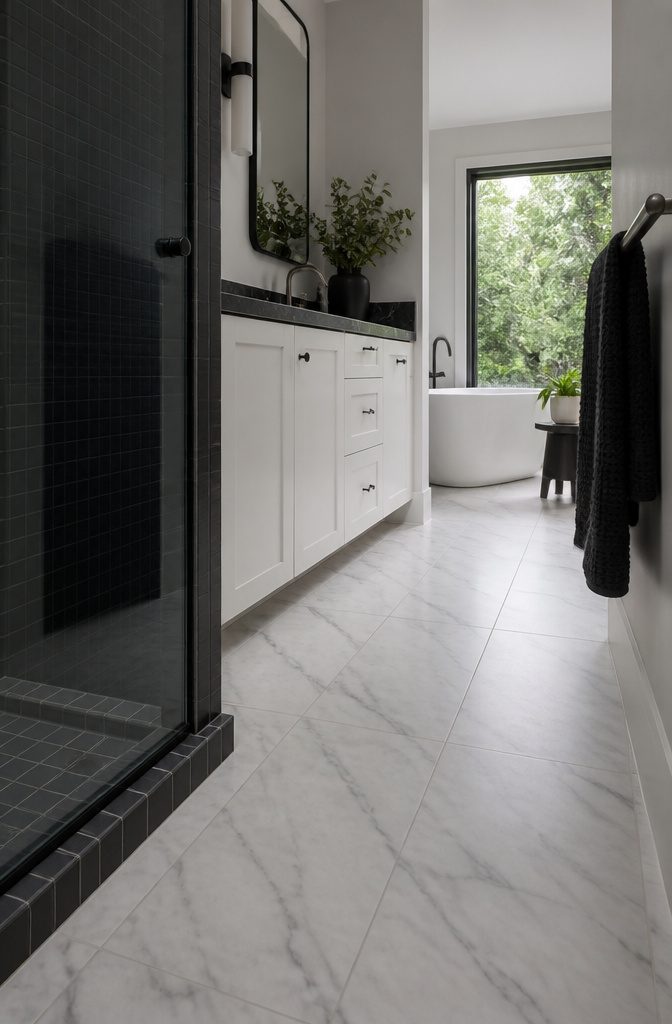 Carrara marble floor leading to a white basin and black tile shower