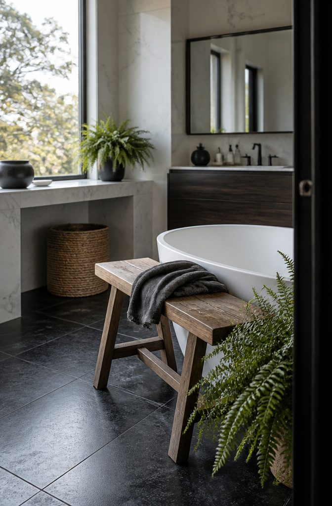Wooden bathroom bench and leafy plants beside black and white tile