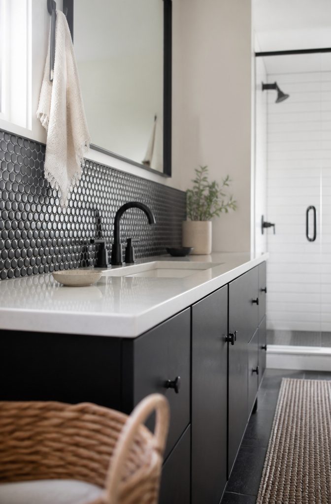 Black penny round mosaic backsplash behind a white basin