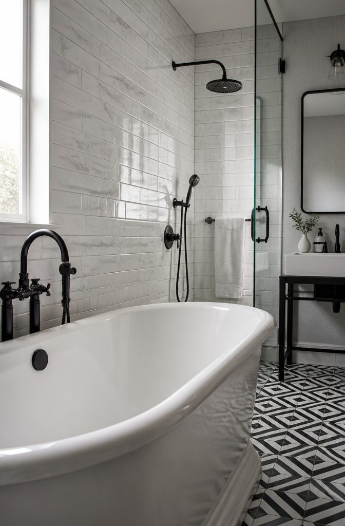 Polished white marble subway tiles covering a bathroom wall