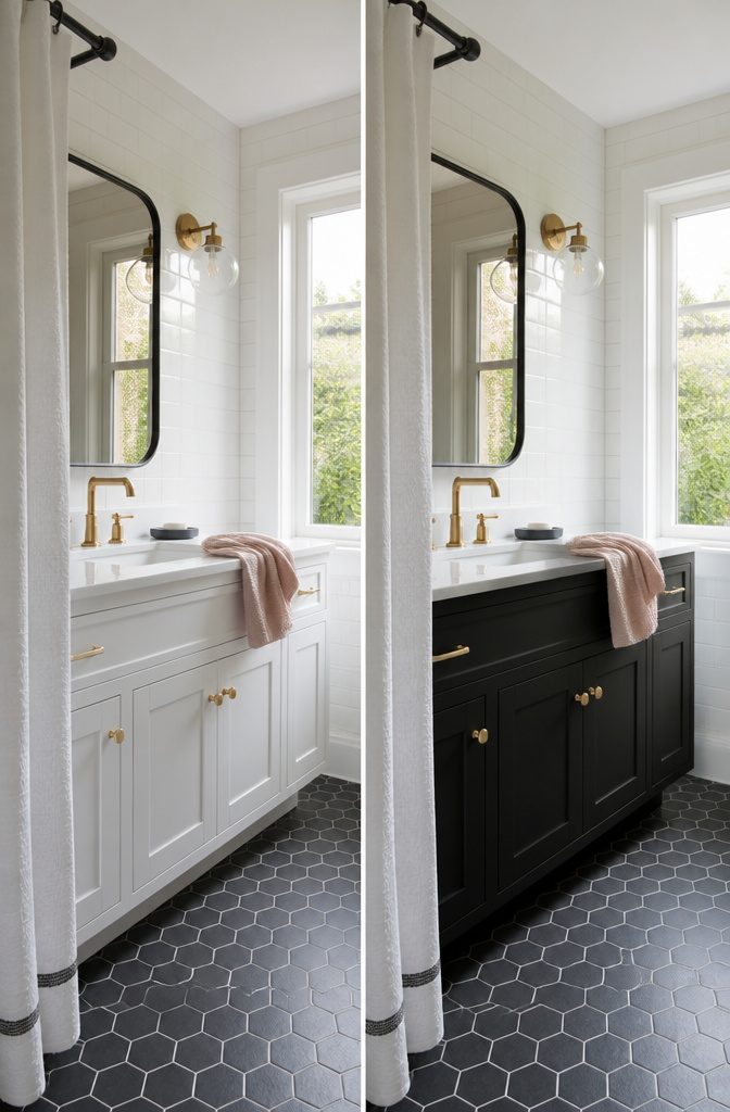 Gold-toned bathroom hardware against black and white surfaces