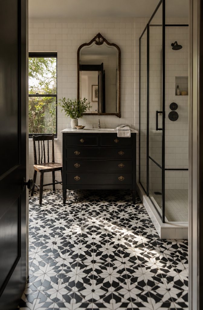 Black and white geometric cement floor tiles beside white subway tile