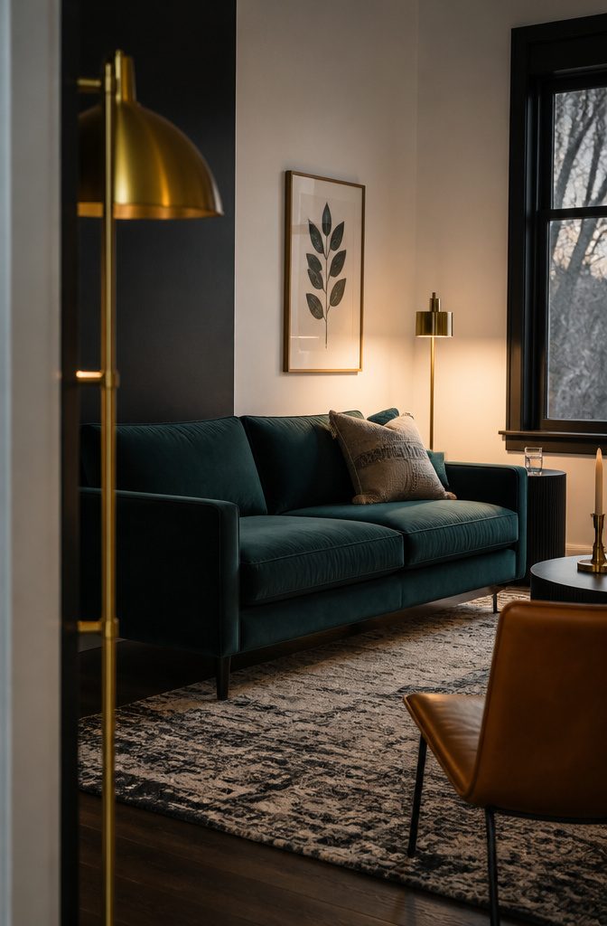 Black and white living room with a colorful accent and metallic decor