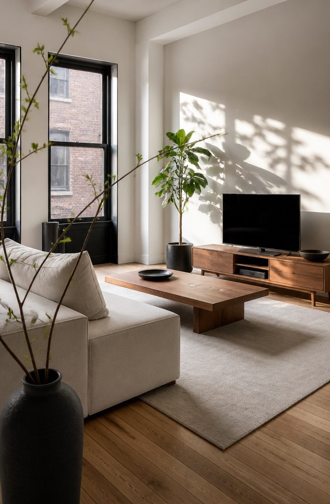 Black and white living room with wood furniture and a leafy potted plant