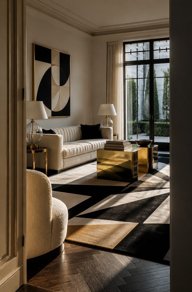 Art Deco living room with brass tables glass lamps and black white gold rug