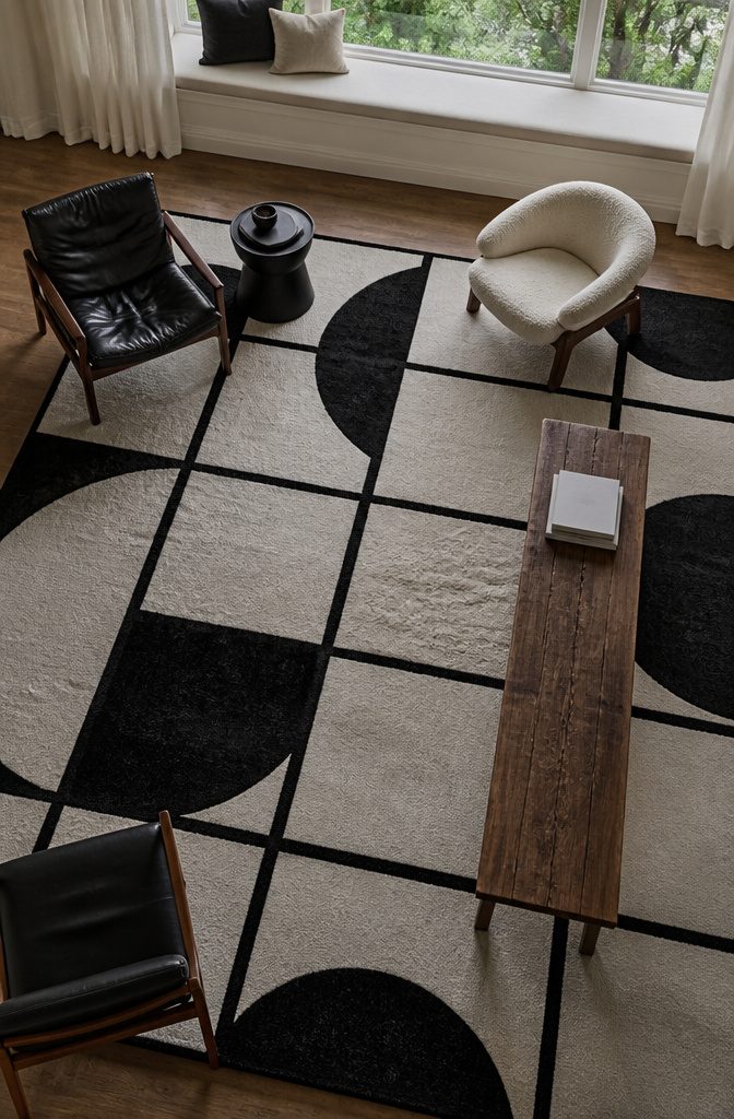 Living room seating arranged around a graphic geometric rug