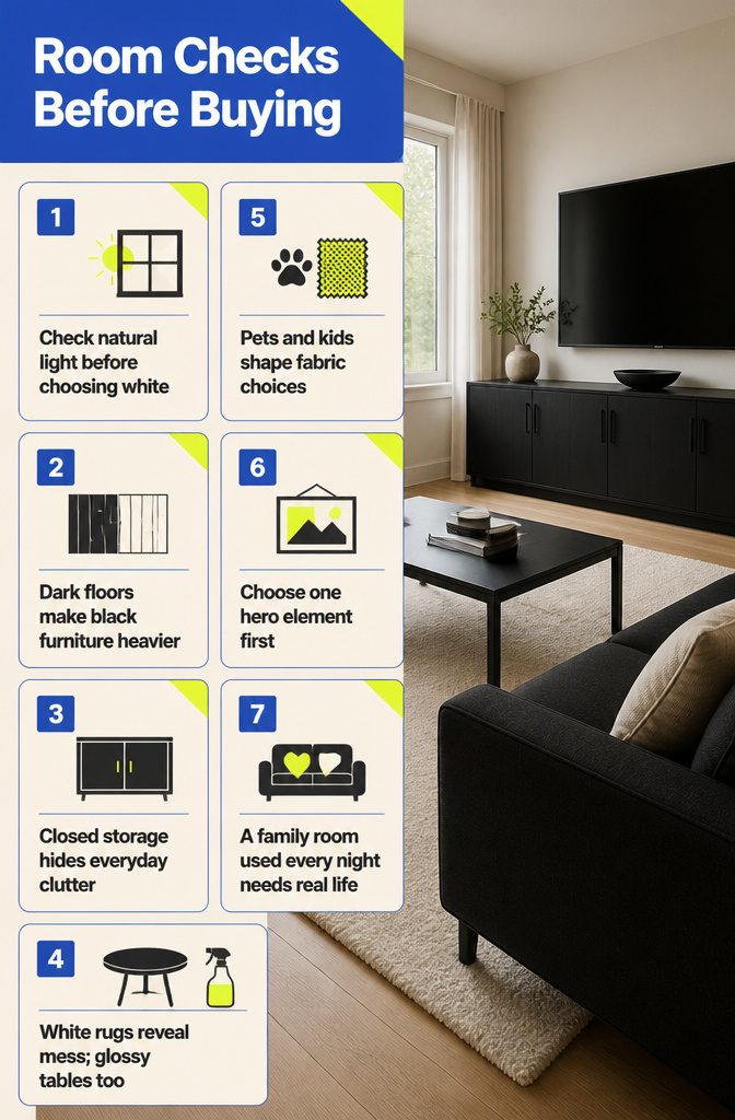 Room Checks Before Buying infographic listing living room planning factors