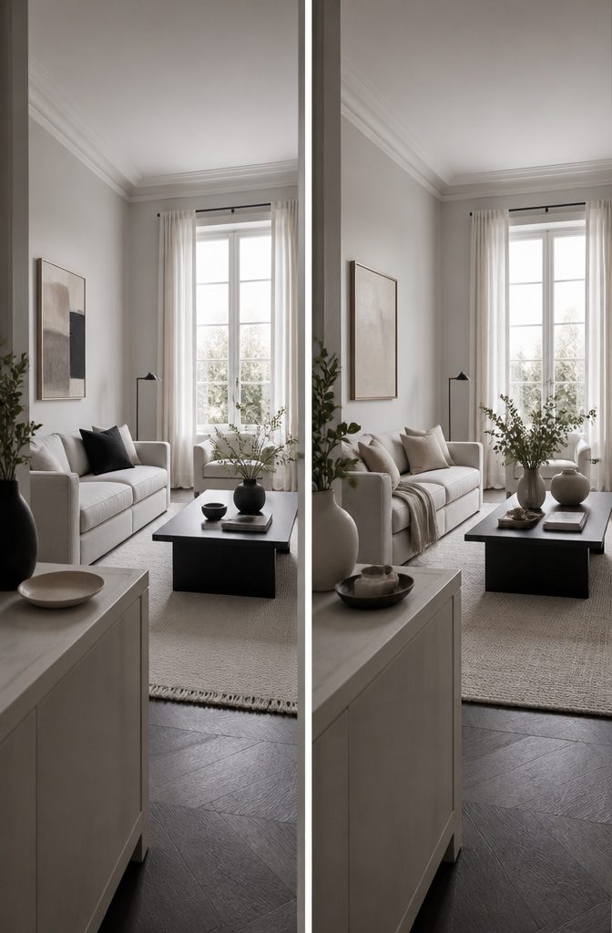 Black and white living room softened with gray and cream furnishings