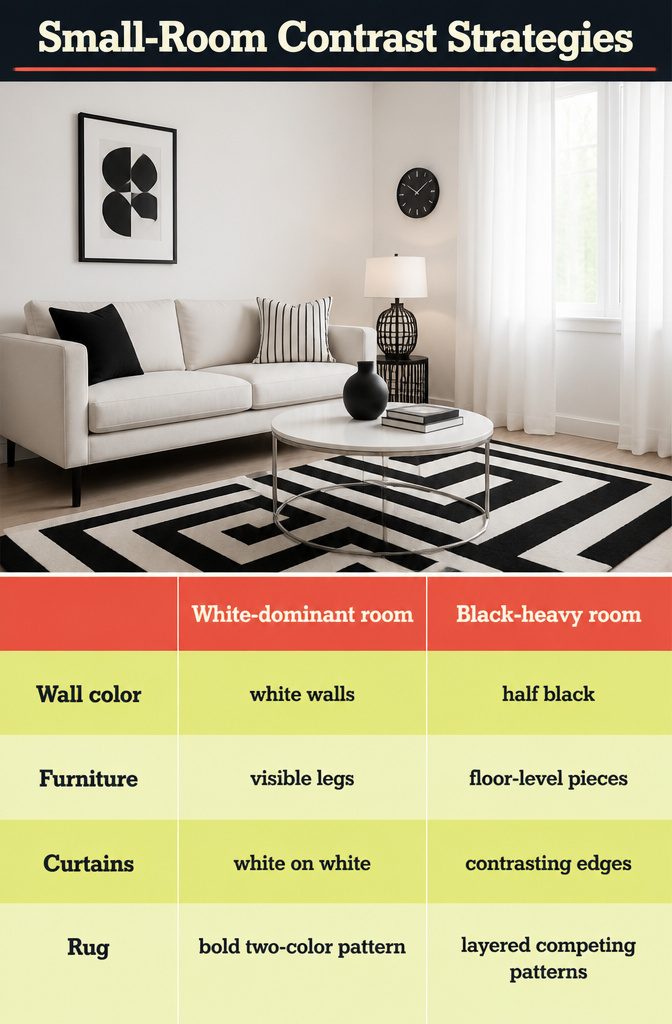 Small-Room Contrast Strategies infographic with tips for black and white rooms