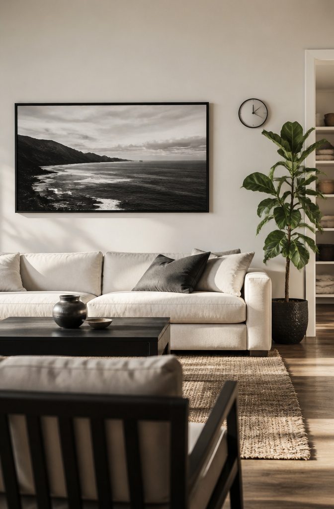 Black framed artwork arranged above living room seating