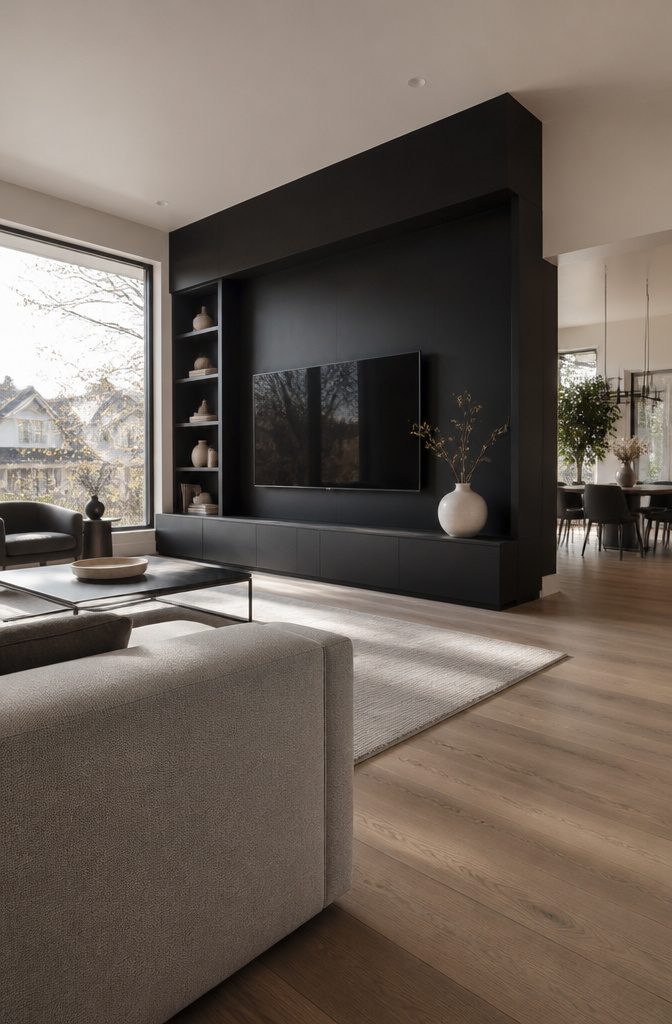 Black TV feature wall with matching millwork and decorative shelves