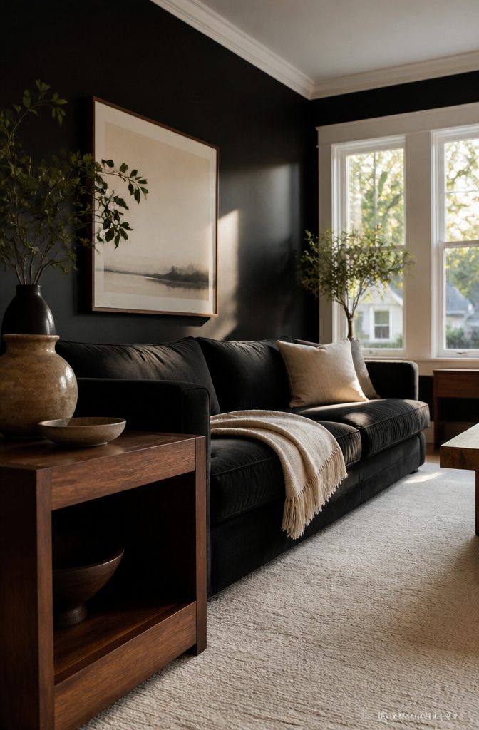 Black living room wall with white trim and pale upholstered furniture