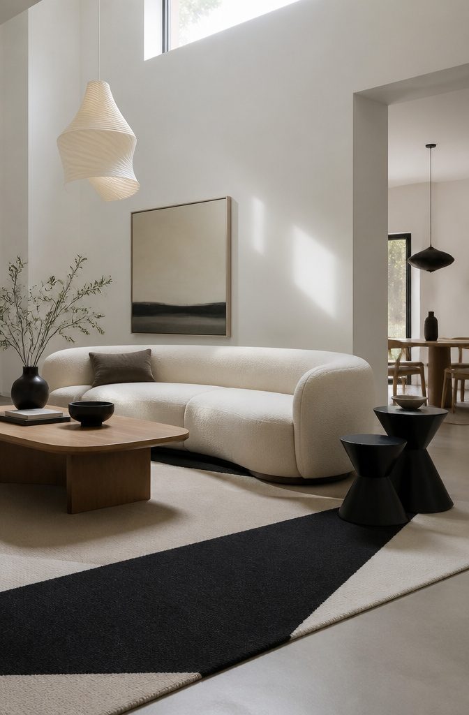 Low rounded sofa beside angular black side tables and geometric rug