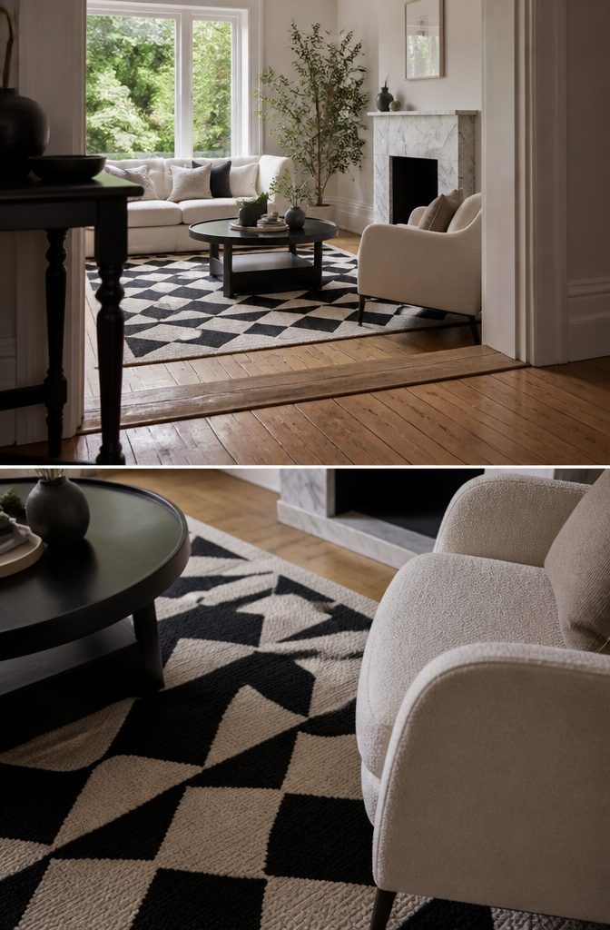 Black and white living room with patterned rug and upholstered chair