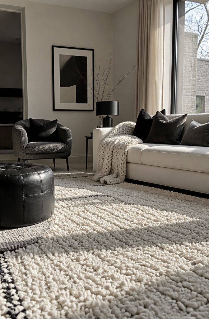 Tufted rug with velvet cushions and knit throw beside pale sofa and leather ottoman