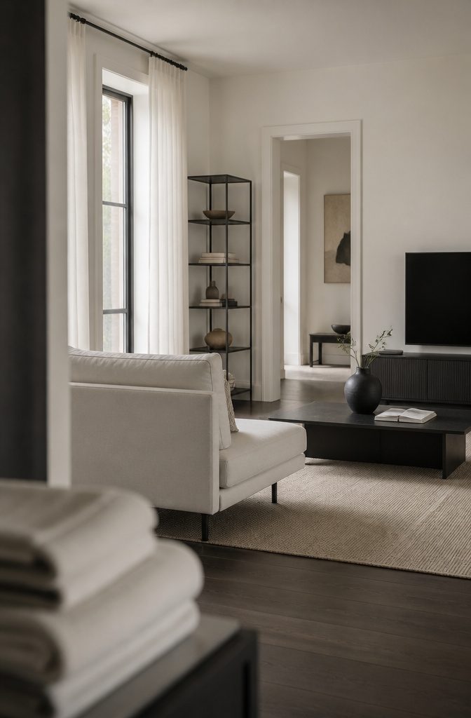 Light sofa with black coffee table, picture frames, shelving, and window frames