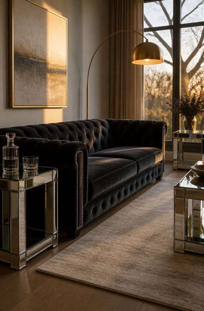 Tufted black velvet sofa with mirrored side table silver trim and brass lamp