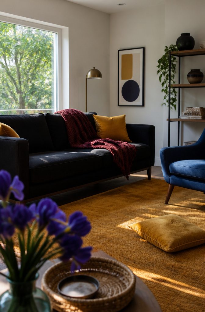 Black sofa with marigold pillows and an ochre rug