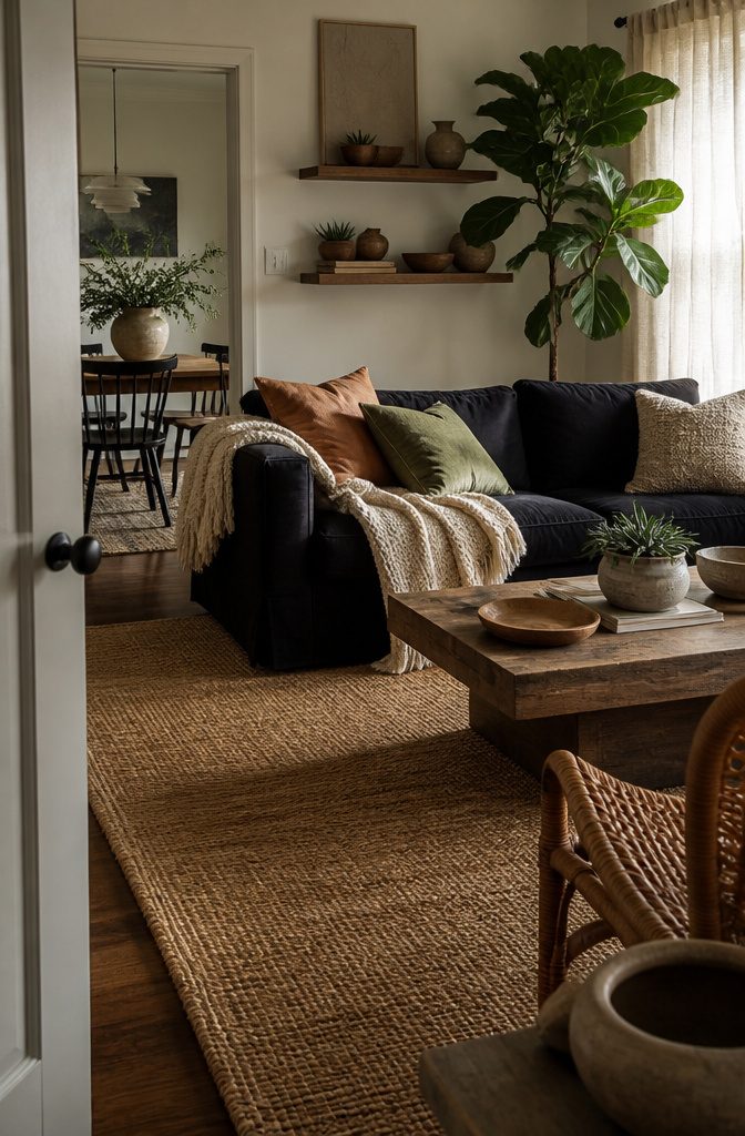 Black sofa with cream throw rust and green pillows a wood table and fig