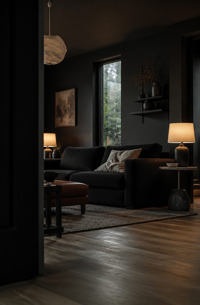 Black couch against charcoal walls with linen throw leather ottoman and stone details