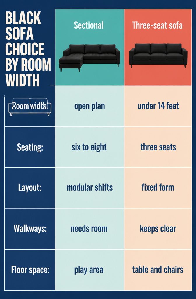 Sectional sofa and three-seat sofa shown beside a floor plan with walkways