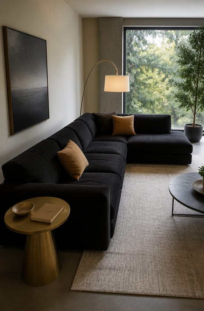 Low black sectional with geometric pillows curved floor lamp and round gold table