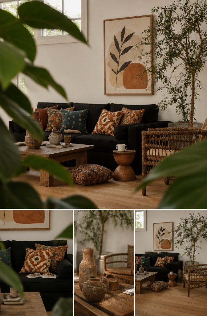Black sofa with patterned pillows plants rattan chairs and rough ceramics