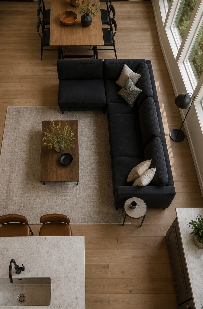 Single black sofa with side table and floor lamp in a small living room