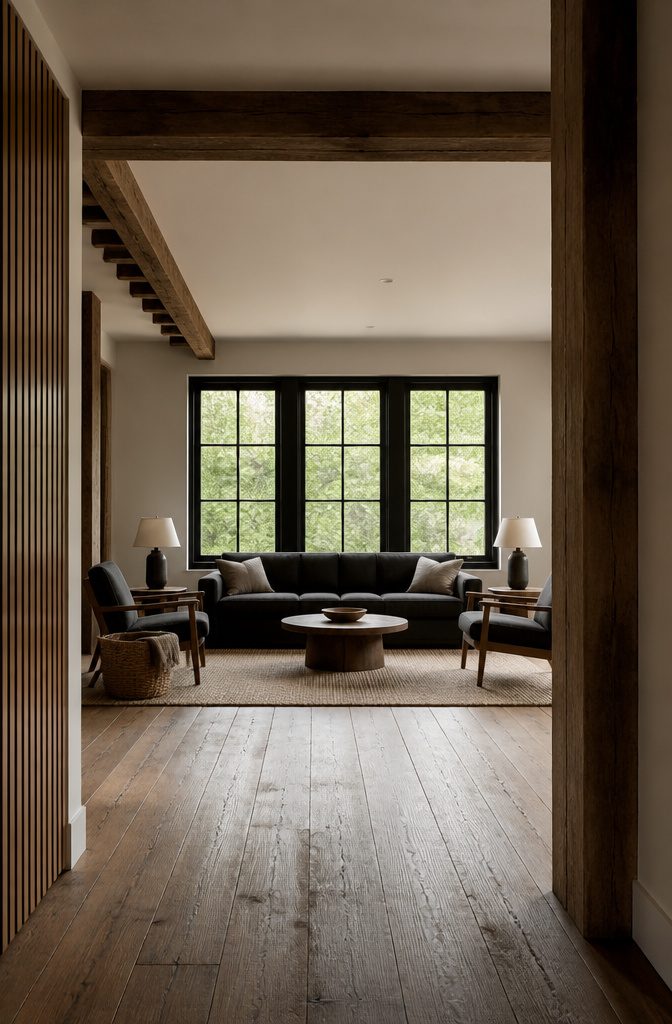 Black sofa beneath bold window frames with wood floors and matching chairs