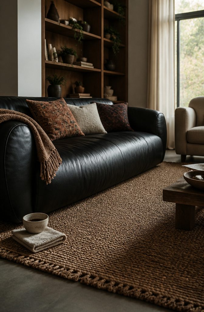Black leather sofa with muted rust and cream cushions textured rug and wool blanket