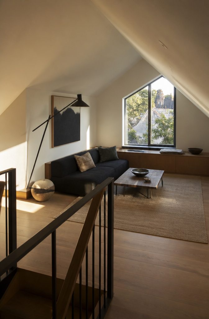 Matte black sofa under a sloped ceiling with built-in benches and angled lighting