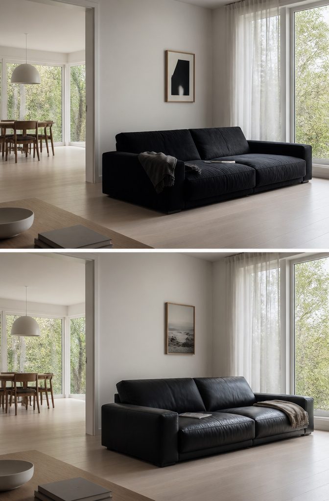 Black couch against pale walls above a light wood floor