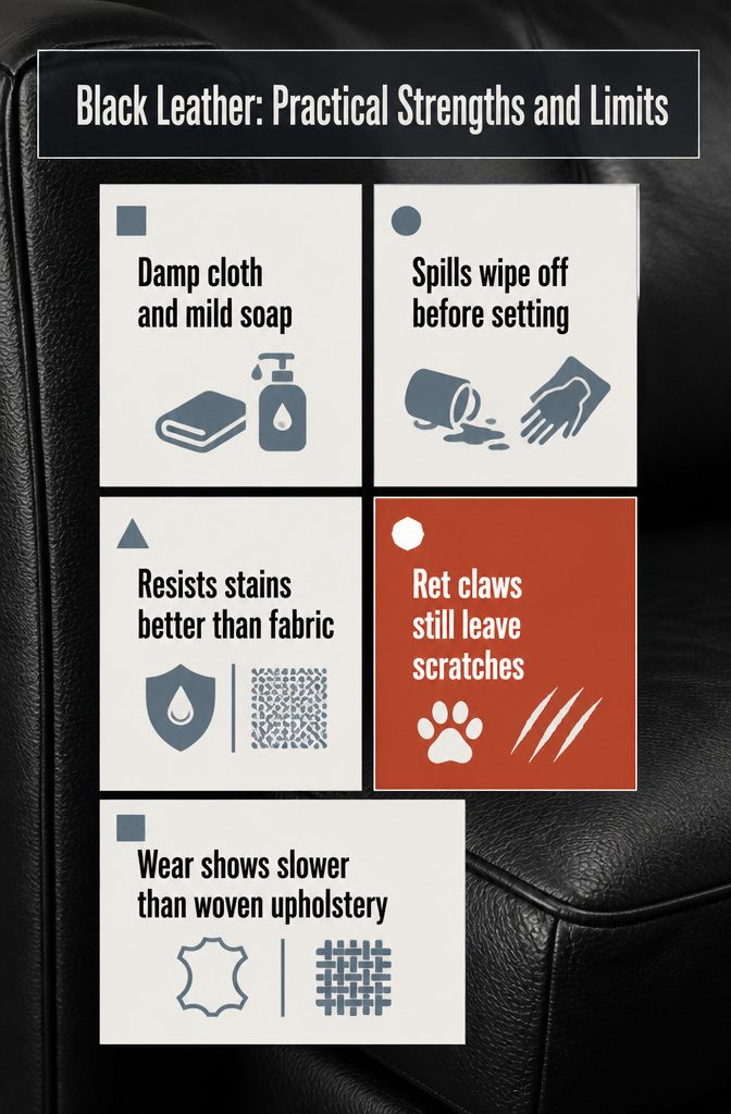 Black leather sofa beside a damp cloth and mild soap
