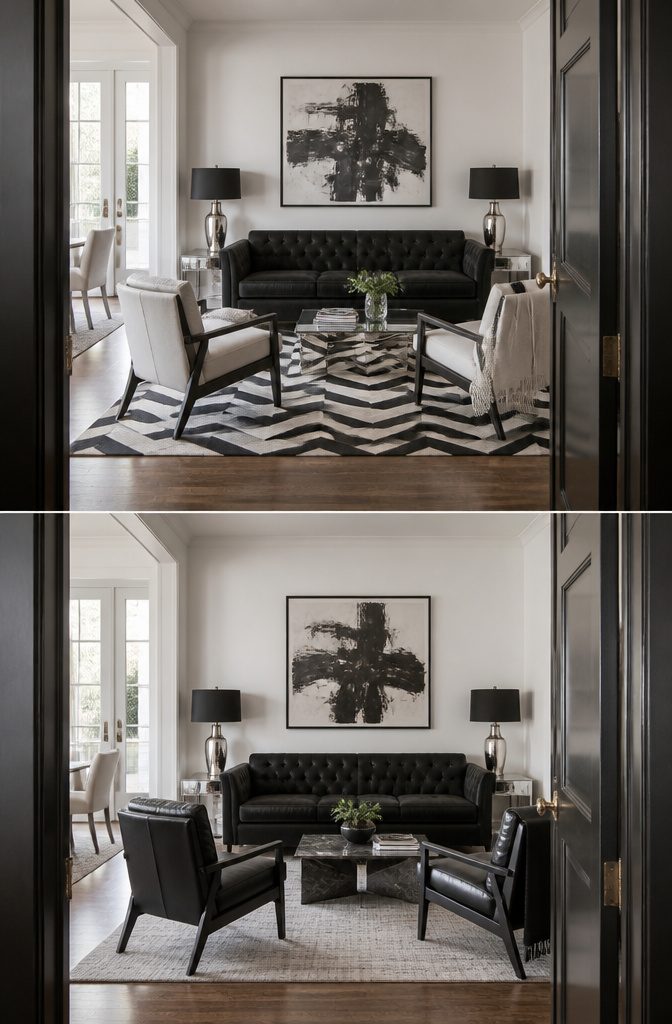 Black velvet couch between matching lamps with pale walls and geometric rug