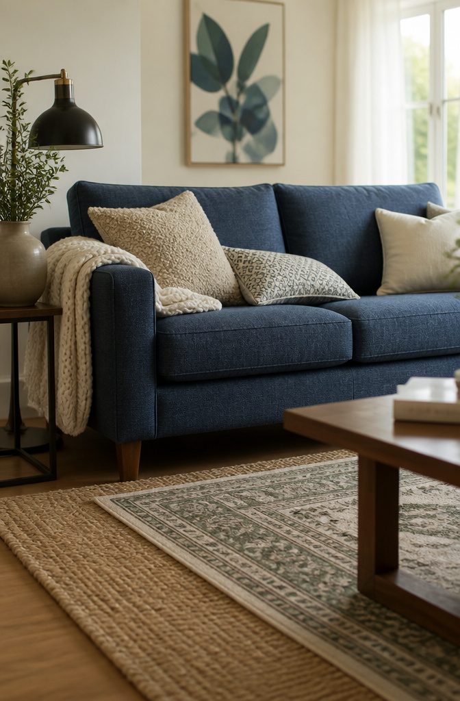 Blue couch with wool pillows and knit throw above layered jute and patterned rugs