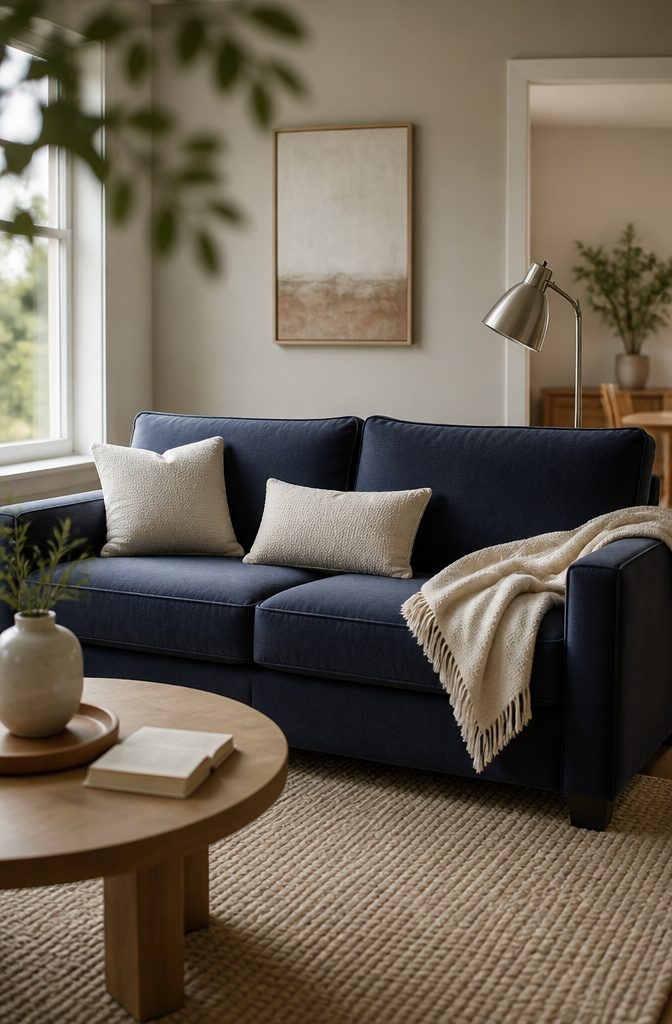 Blue sofa with cream cushions beside a light wood coffee table