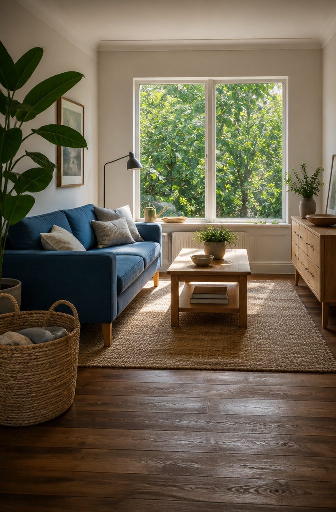 Blue sofa beside a wooden coffee table and leafy floor plant