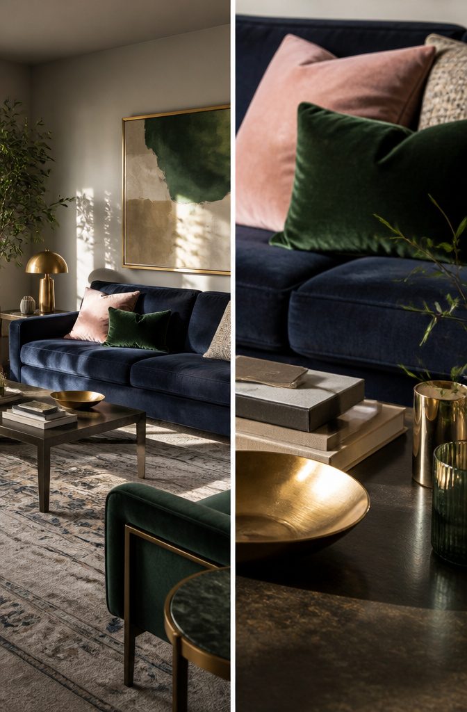 Blue couch surrounded by neutral furnishings and colorful accent decor