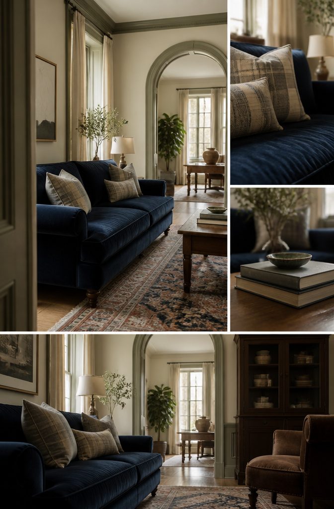 Navy velvet sofa with plaid linen pillows in a room with sage trim