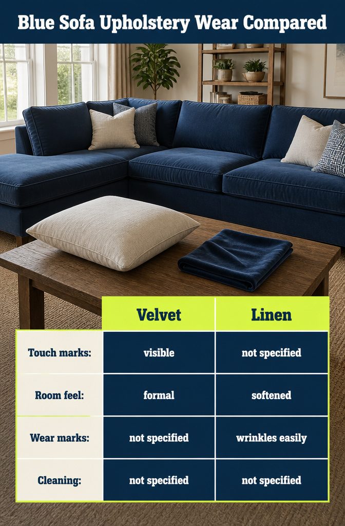 Blue sofa upholstery wear comparison chart with fabric samples
