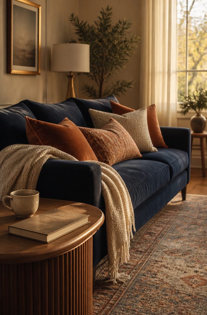 Navy sofa with rust and terracotta pillows and an ivory knit throw